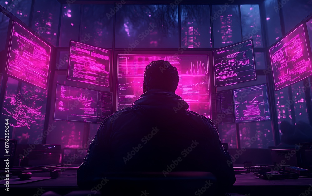 Poster a silhouetted figure sits before multiple glowing screens, immersed in a digital landscape of vibran