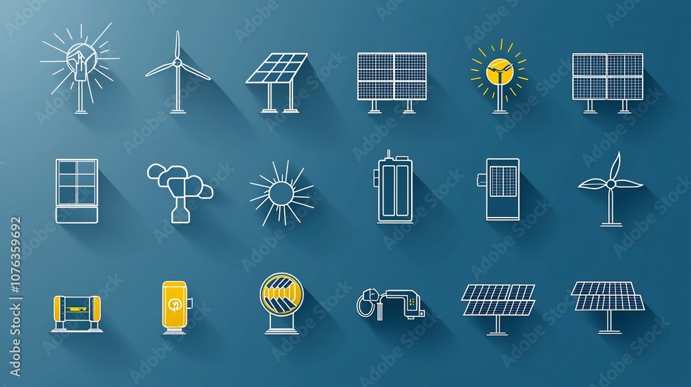 Poster comprehensive outline icon set featuring 15 distinct solar related symbols showcasing various elemen