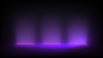 Studio interior, stage with neon, led lighting. Background. Modern pink purple black interior with light. Backdrop for mounting, product placement. Design element. Vector background, template, mockup