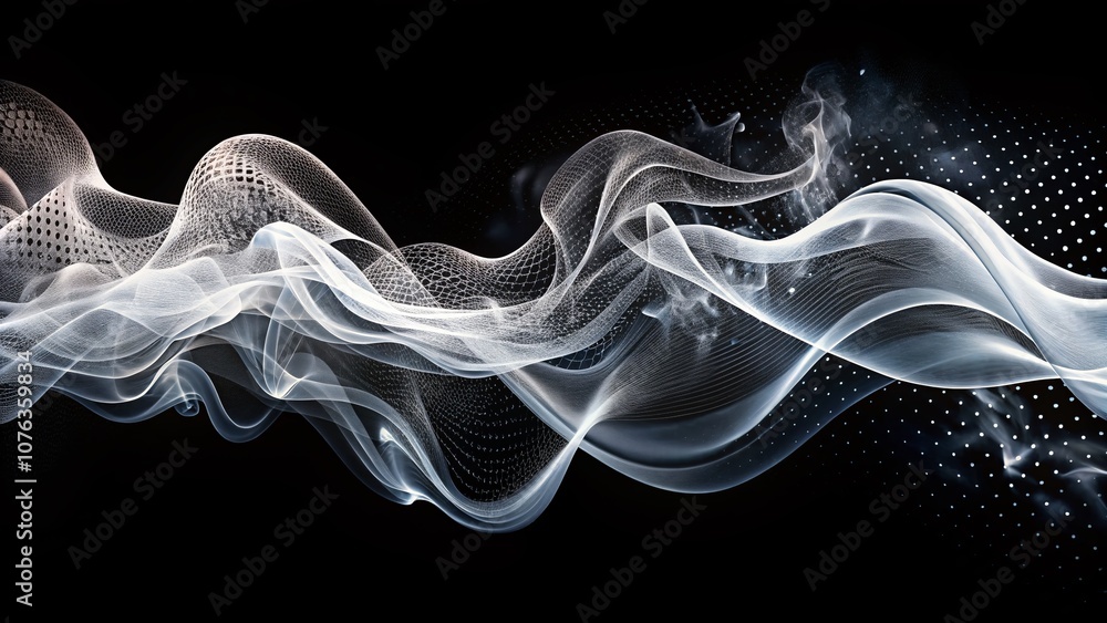 Poster abstract white smoke waves on black background - ethereal movement of dots creating a dreamlike effe