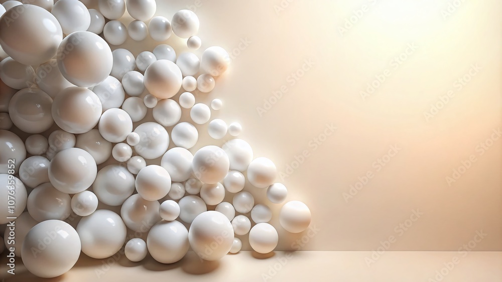 Poster abstract white spheres floating in space with copy space for creative design and modern backgrounds