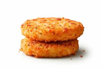 Chicken patties or fish cakes fried in breadcrumbs . isolated on white background