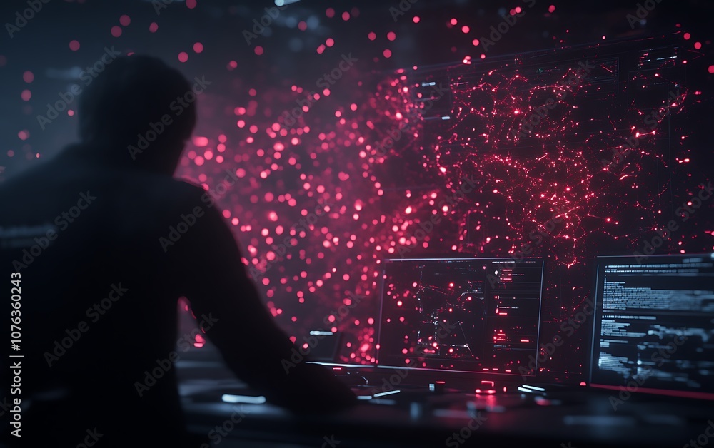 Fototapete A shadowy figure sits at a console, surrounded by a vibrant red digital landscape, creating an atmosphere of intrigue and technology.