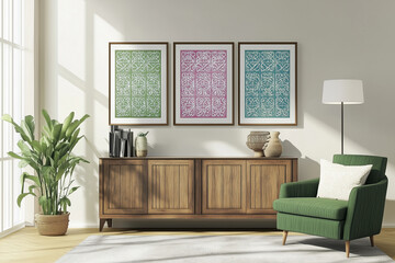 Cozy interior design with green armchair and posters in Maroccan style