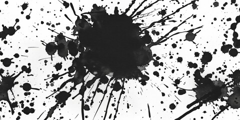 Handmade black splatters and dots in varying sizes dance across a bright white background, forming an expressive canvas for artistic applications and creative projects.