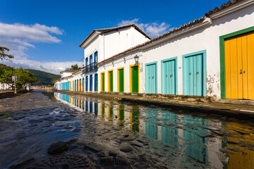 Street of historical center in Paraty, Rio de Janeiro, Brazil. Paraty is a preserved Portuguese colonial and Brazilian Imperial municipality, world heritage site