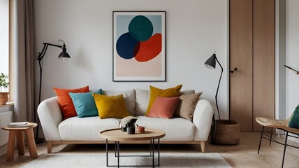 Scandinavian interior design of modern living room, home. Colorful vibrant pillows on white sofa against wall with art poster frame.	