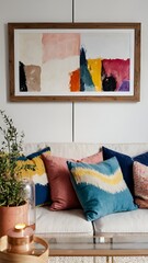 Scandinavian interior design of modern living room, home. Colorful vibrant pillows on white sofa against wall with art poster frame.	