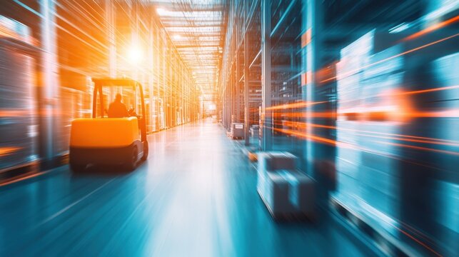 Forklift Moving Boxes in Busy Storage Facility