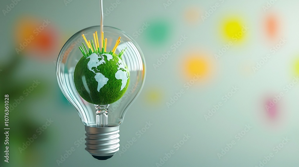 Aufkleber close up of a transparent light bulb featuring a miniature green earth inside symbolizing continents