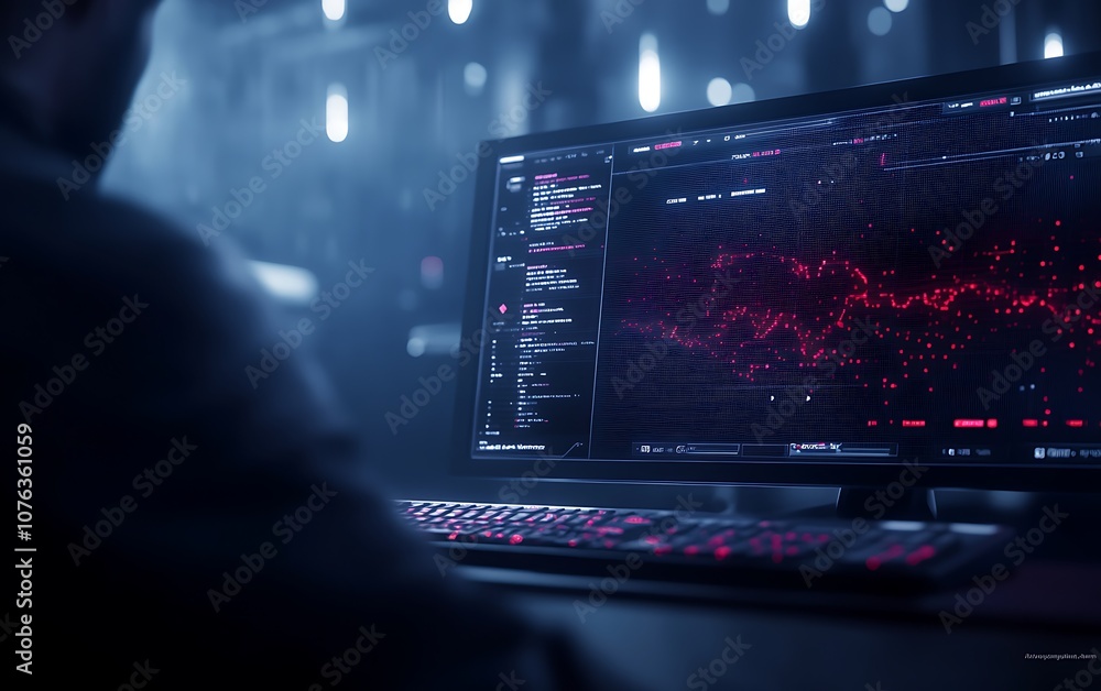 Fototapete A person interacts with a high-tech computer displaying dynamic digital patterns in a dimly lit environment, suggesting data analysis or programming.