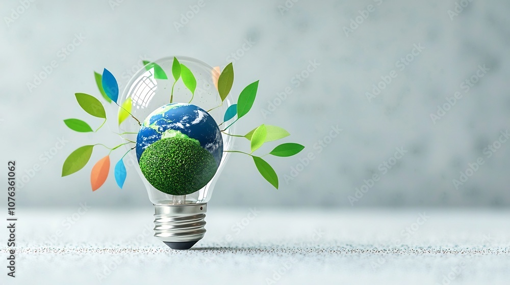Aufkleber close up of an eco friendly light bulb with a tiny earth inside showcasing textured green continents