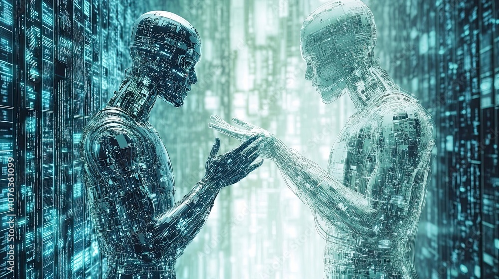 Poster two transparent robots interacting in a digital world