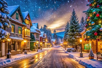 Enchanting Night Drive Through a Christmas Town with Festive Lights, Snow-Covered Streets, and Cozy Holiday Decorations