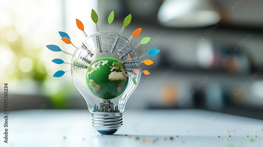 Aufkleber close up of a transparent light bulb with a green Earth miniature inside symbolizing nature with intricate power plant structures and festive green orange and blue leaves emanating from within