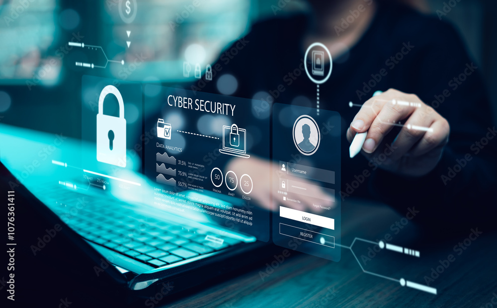 Poster cyber security and security password login online concept hands typing and entering username and pas
