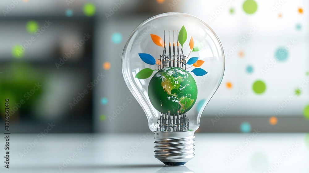 Poster and surreal close up of a transparent light bulb containing a miniature earth globe with intricate p