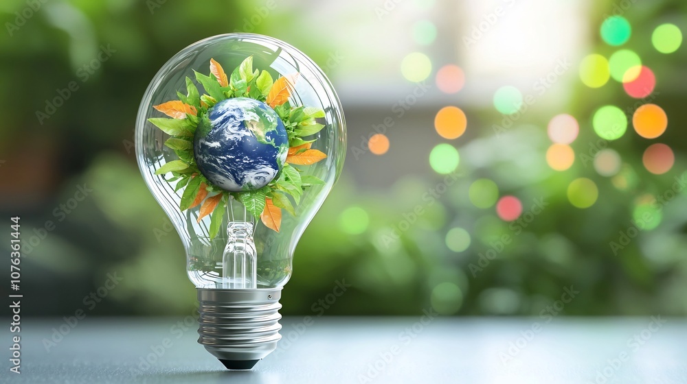 Aufkleber Close up of an environmentally friendly light bulb with a transparent design featuring a tiny Earth covered in lush greenery