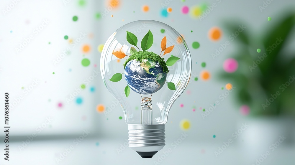 Aufkleber innovative light bulb design featuring a transparent bulb with a tiny earth covered in lush greenery