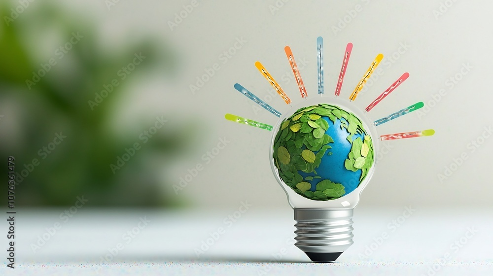 Aufkleber close up of a unique eco themed light bulb containing a tiny green earth with continents covered in 
