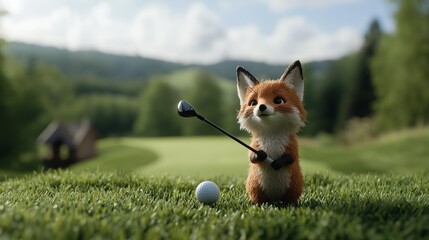 Fototapeta premium Playful Fox Enjoying a Day on the Golf Course