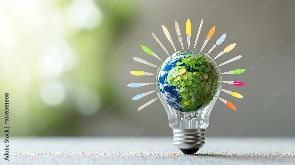 Poster close up of a unique eco themed light bulb containing a tiny green earth with continents covered in 