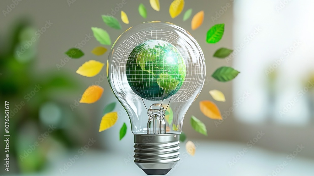 Aufkleber Transparent lightbulb with a miniature green Earth inside surrounded by delicate structures resembling a power grid and vivid leaf patterns radiating out against a colorful background