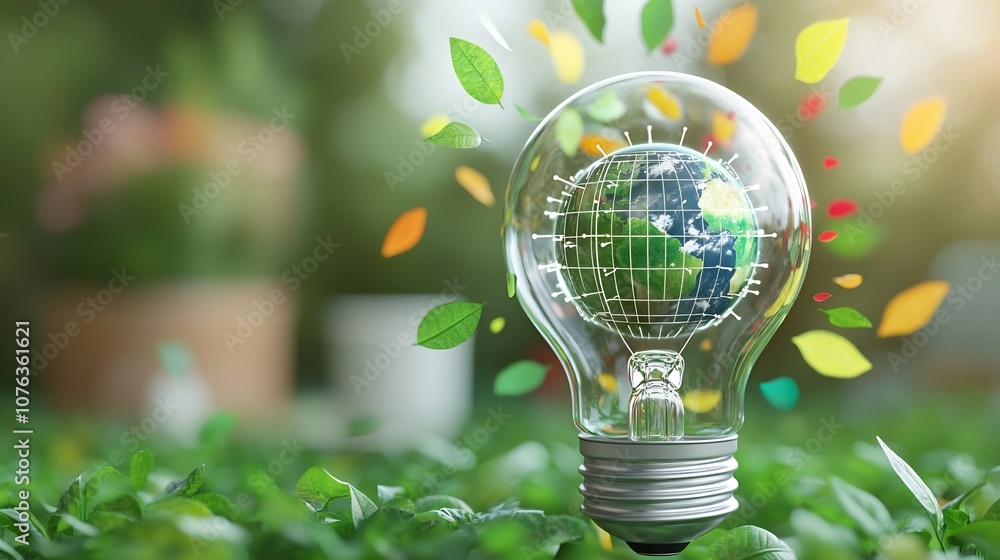 Aufkleber A transparent light bulb with a miniature green Earth inside delicate structures resembling a power grid and vibrant leaf patterns radiating out against a vivid