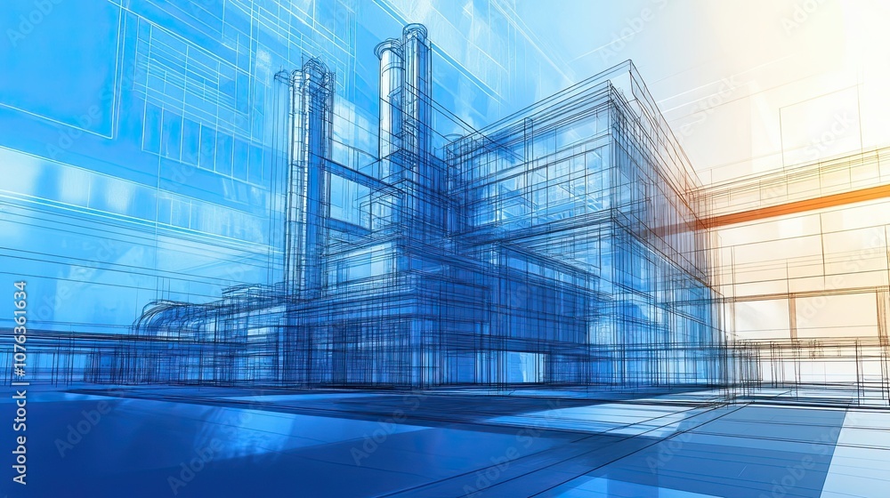 Poster architectural wireframe rendering of a modern building