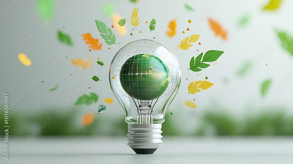 Aufkleber transparent lightbulb with a miniature green earth inside surrounded by delicate structures resembli