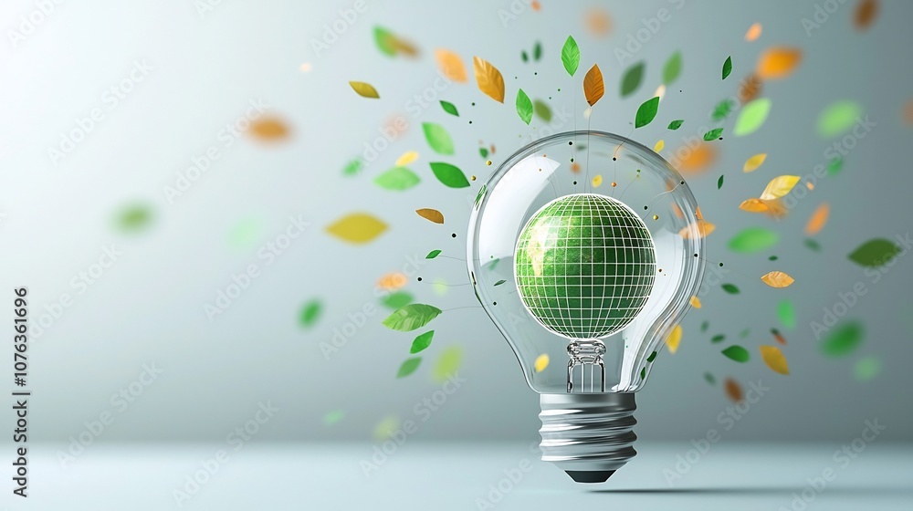Aufkleber A transparent light bulb encasing a miniature glowing Earth with delicate structures resembling a power grid and vivid leaf patterns radiating outwards