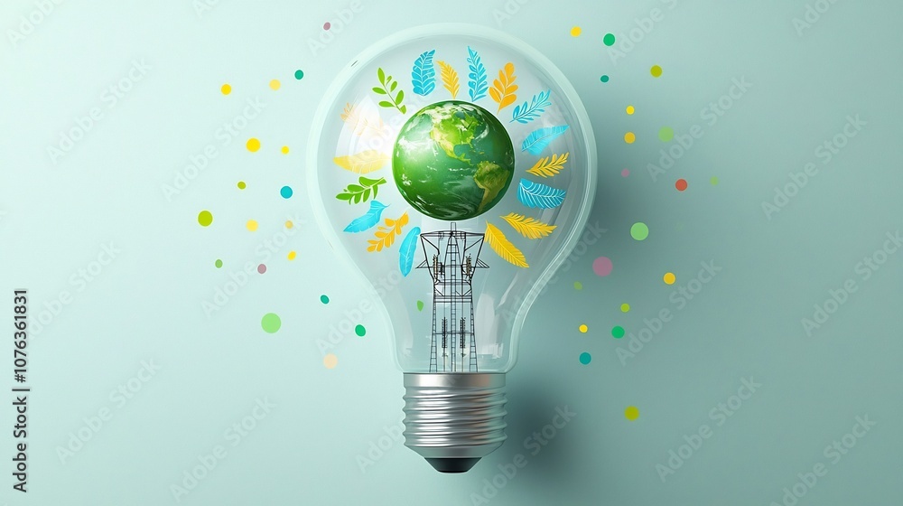 Aufkleber transparent lightbulb with a miniature earth inside surrounded by radiating leaves in green yellow a