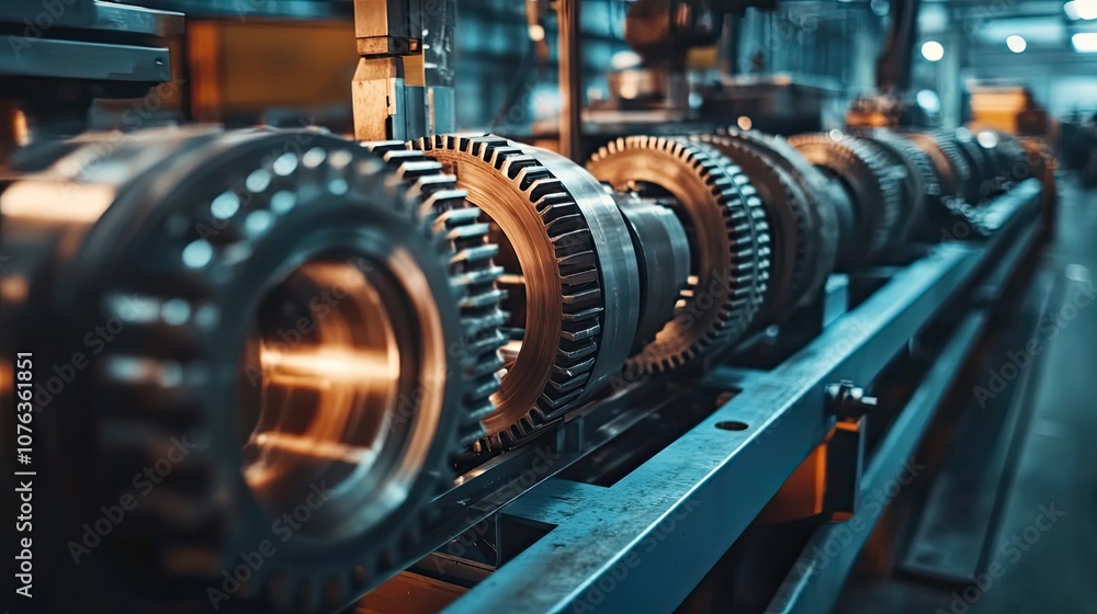 Poster closeup of a series of gears on a production line in a factory