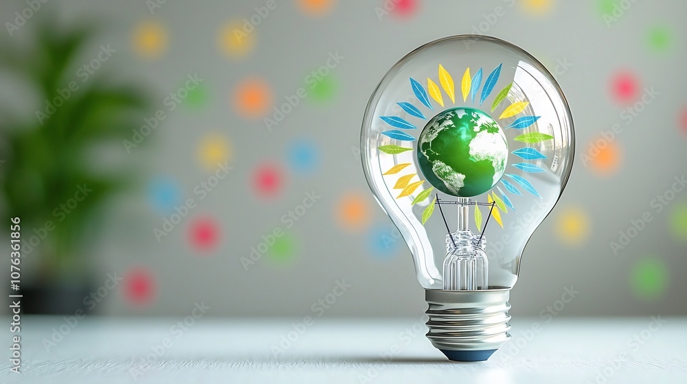 Aufkleber Close up of a transparent light bulb containing a miniature green Earth with fine structures like a power plant and leaves in vibrant colors radiating outwards set against a lively