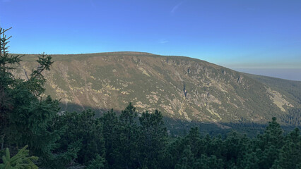 Panorama, Mountain hiking trail leading to the top of Mount Sniezka, Poland. Mountain landscape