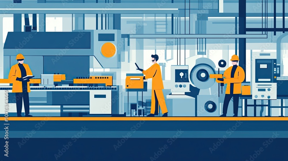 Poster three workers in a factory setting with machinery