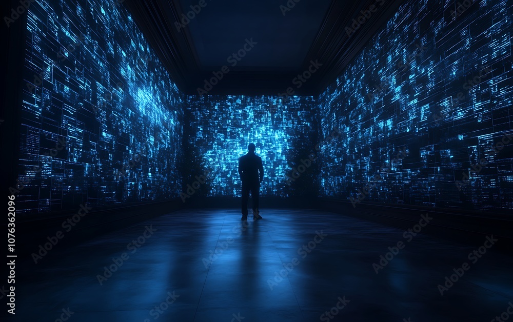 Poster A solitary figure stands in a dark space illuminated by vibrant blue digital patterns, creating a mesmerizing visual experience.
