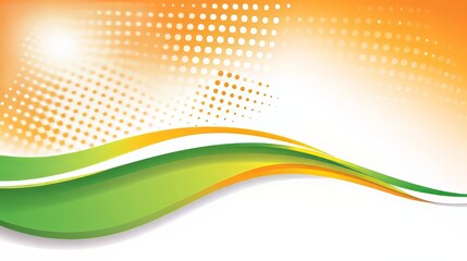 Abstract background with green and yellow waves on an orange and white halftone background.