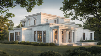 Obraz premium Elegant modern mansion showcasing marble architecture, large windows, and lush greenery in the surrounding landscape, ideal for upscale living and sophisticated design.