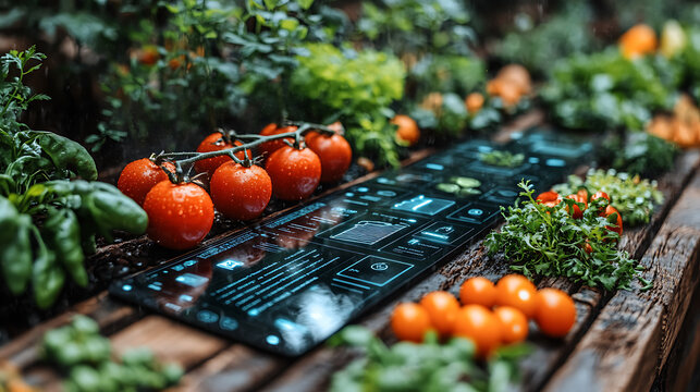 Fresh tomatoes and vibrant greens displayed on digital nutrition dashboard, showcasing various ingredients in lush garden setting. technology enhances experience of healthy eating