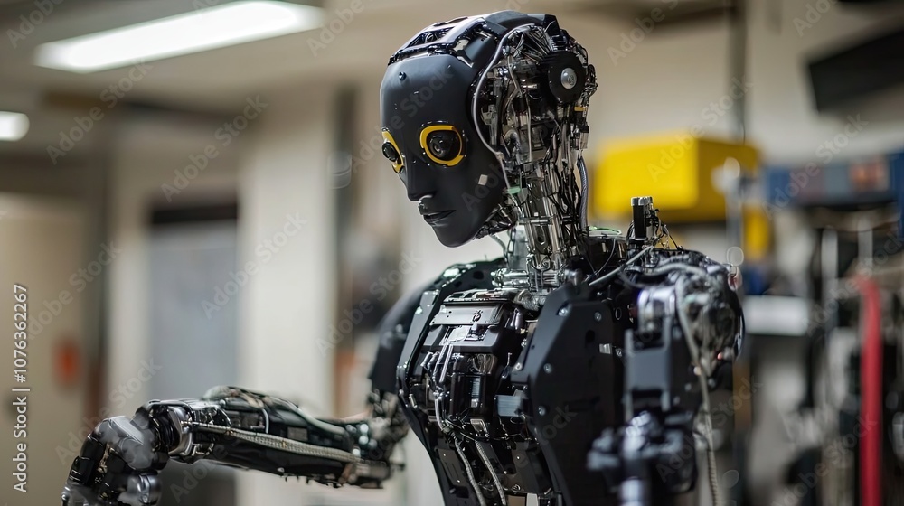 Poster a close-up of an advanced, black robot with yellow sensors