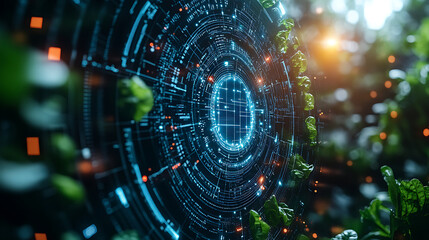 Obraz premium futuristic food sensor technology system integrated into smart plants, showcasing digital elements and greenery. image conveys innovation and sustainability