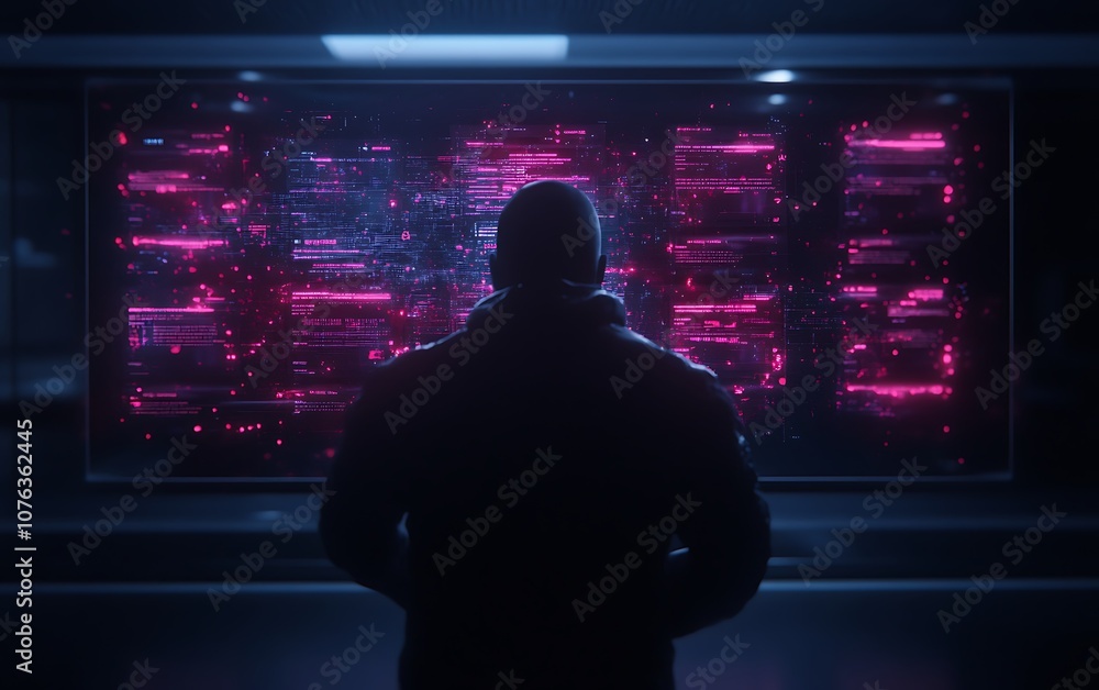Poster a figure in silhouette stands before a vibrant, futuristic display of pink digital data, evoking the