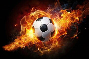 Naklejka premium Fiery Soccer Ball Silhouette - Intense Sports Passion, Soccer Excitement, Dynamic Energy, Flames, Team Spirit, Athletic Competition, Sports Enthusiasm, Action-Packed, Soccer Culture, Fan Engagement