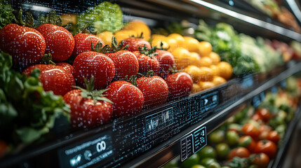 Fresh tomatoes and vibrant fruits displayed in modern grocery store, showcasing blend of technology and food supply. digital overlay represents food supply blockchain visualization