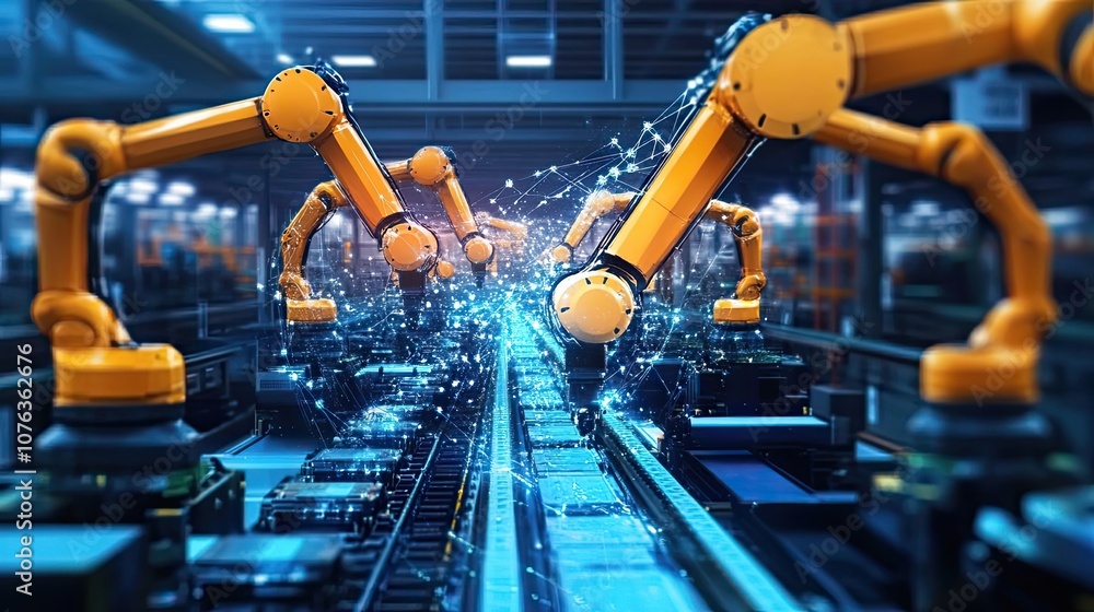 Aufkleber robotic arms on an automated production line with digital network connections