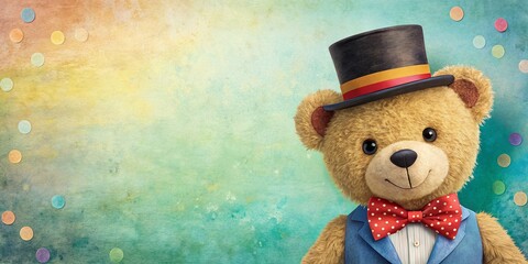 Adorable Little Gentleman Bear with Top Hat and Bow Tie in Right Position, Perfect for Children's Decor and Invitations, Featuring Copy Space for Custom Text