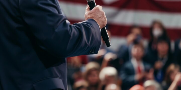 A politician passionately addresses a large, engaged audience, holding a microphone while standing before a backdrop of an American flag, showcasing the energy of the political event.