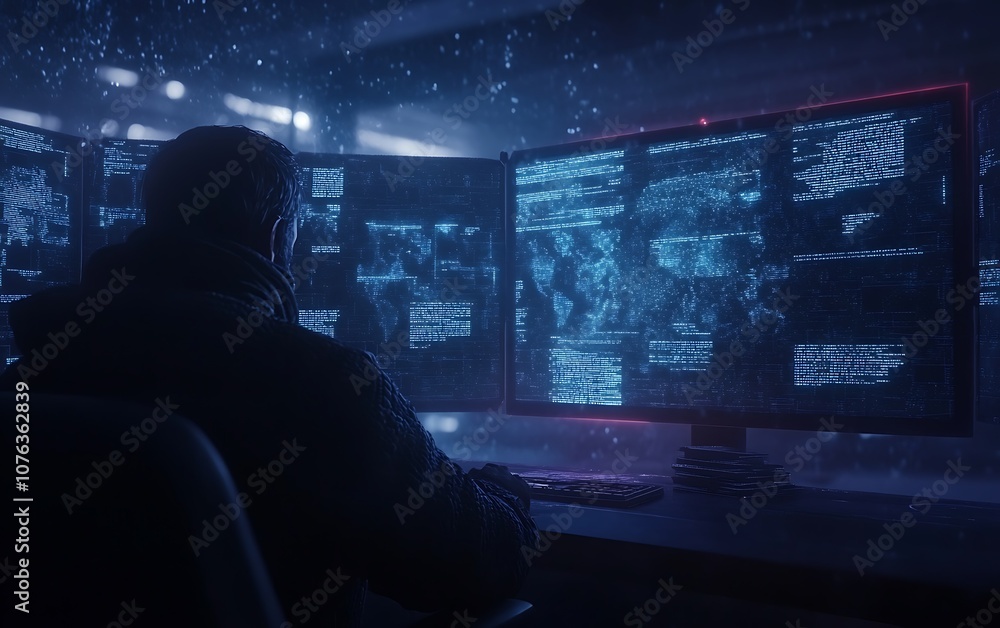 Poster A lone figure sits in front of multiple glowing monitors, immersed in a digital world filled with data and futuristic visuals.