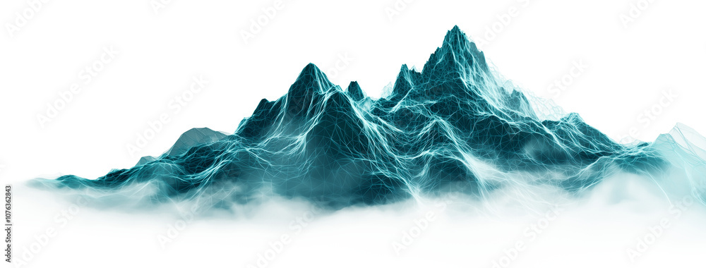 Poster digital mountain range with abstract, glowing lines and misty atmosphere